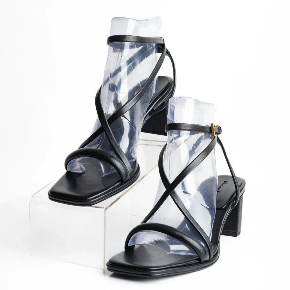 Massimo Dutti Strappy Leather Block Heel Sandals EU 40 US 9 Black 1602/250 NWT
